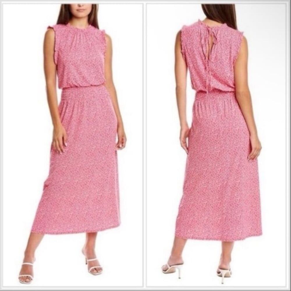 H by Halston SMALL Micro floral Garden White & Pink Maxi Dress Smocked waist NWT